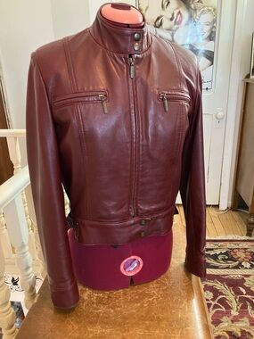 Women's Burgundy Leather Moto Jacket with Snap Collar